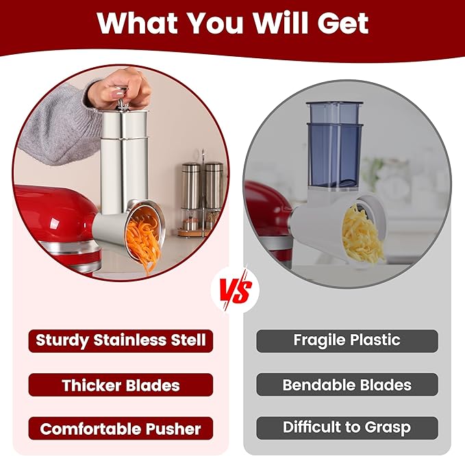 Stainless Steel Slicer Shredder Attachment for KitchenAid Mixers, Dishwasher Safe Cheese Grater Attachment, Food Slicer & Vegetable Chopper Accessory-4 Blades