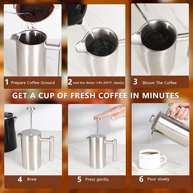French Press 34 OZ, Durable Stainless Steel French Press Coffee Maker, Double-Wall Insulated Coffee Presses for Travel Camping Tea, Easy to Use, Dishwasher Safe (Silver Matte)