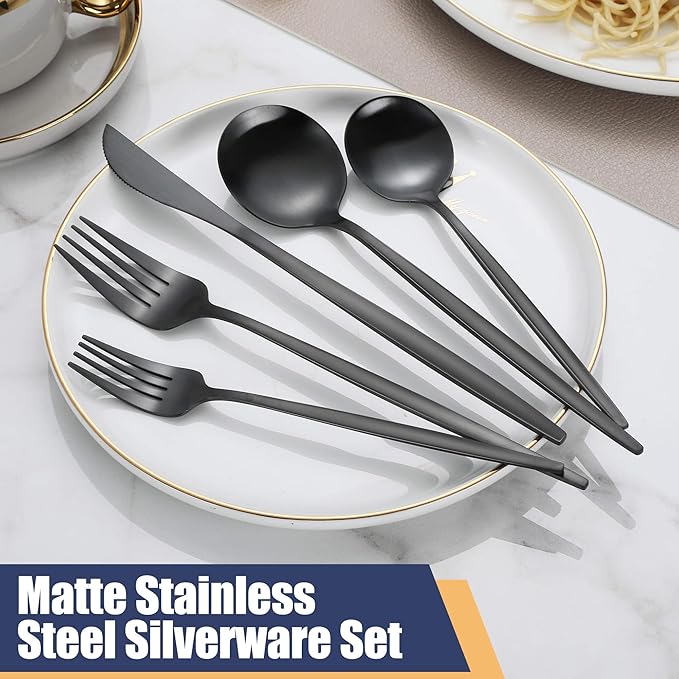 Matte Black Silverware Set,30 Piece Stainless Steel Modern Flatware Set,Brushed Cutlery Set Service for 6,Satin Finish Utensils Set,Home Kitchen and Restaurant,Dishwasher Safe