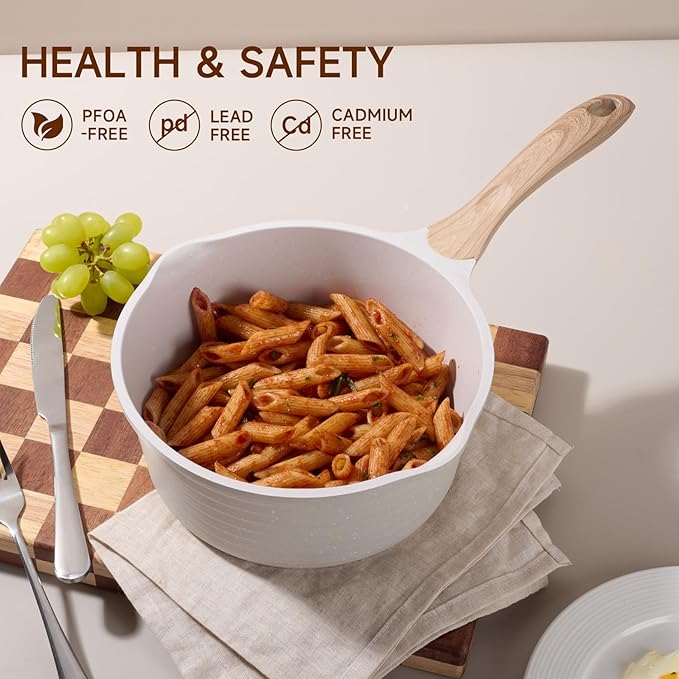 JEETEE 2 Quart Sauce Pan with Lid, Non Stick Small Pot with Coating, Masterclass Cookware Sauce Pot for Cooking, PFOA/PFOS Free(Beige)