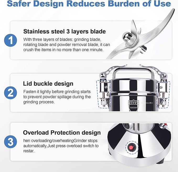 550g Electric Grain Mill Grinder, 304 Stainless Steel Flour Mill, 2000W High Speed Spice Grinder, Electric Grain Mill for Dry Wheat, Oats, Corn, Pepper and Coffee Beans