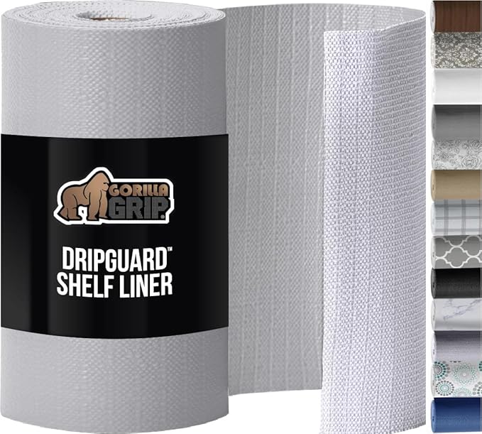GORILLA GRIP DripGuard Drawer and Shelf Liner for Cabinet, Slip Resistant Non Adhesive Protection for Kitchen, BPA Free Smooth Surface Plastic Liners for Cabinets, Drawers, 17.5x120 Inch, Light Gray