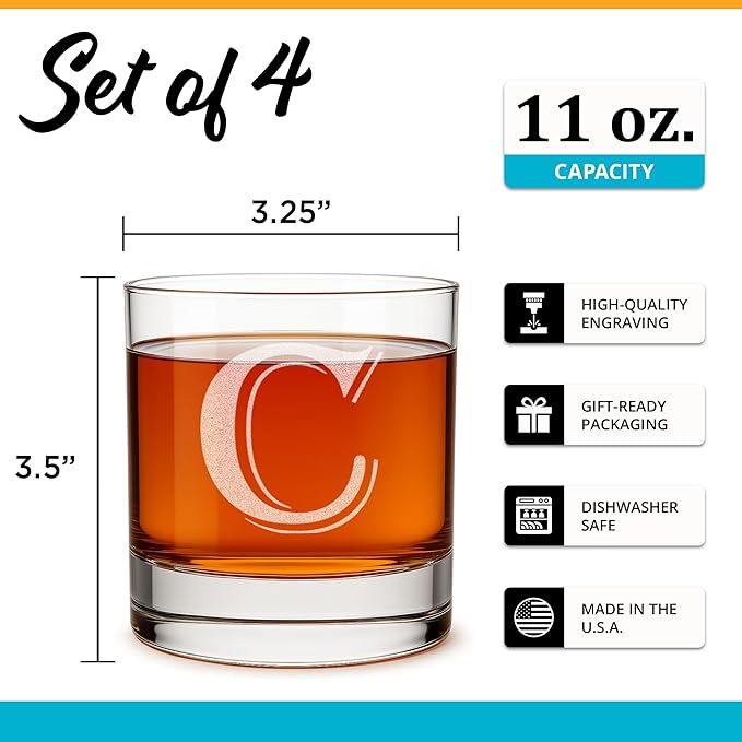 On The Rox Drinks (C-Monogram) - 4 Piece Set of 11 Ounce Engraved Heavy Base Rocks Glasses Elegant Glass-Multi-Purpose Beverage-Rocks Glass- Gift for any Occasion