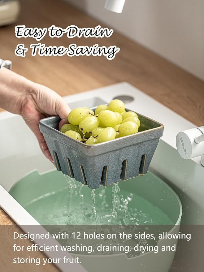 Gomakren Fruit Bowl with Holes, Ceramic Berry Basket Set of 2, 5.7 Inch Square Fruit Basket for Kitchen, Berry Containers for Table, Modern Kitchen Decor, Slate Blue