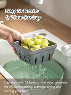 Gomakren Fruit Bowl with Holes, Ceramic Berry Basket Set of 2, 5.7 Inch Square Fruit Basket for Kitchen, Berry Containers for Table, Modern Kitchen Decor, Slate Blue