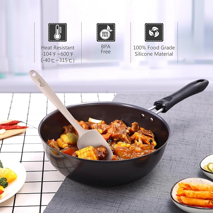 HOTEC 600℉ Heat Resistant BPA-Free Silicone Rubber Spatula Set,Kitchen Cooking Spatulas, Baking, Mixing for Non Stick Cookware, Dishwasher Safe, Set of 5, Khaki