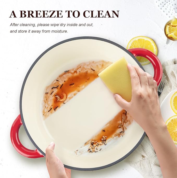 Overmont Enameled Cast Iron Dutch Oven - 4.5QT Pot with Lid Cookbook & Cotton Potholders - Heavy-Duty Cookware for Braising, Stews, Roasting, Bread Baking red