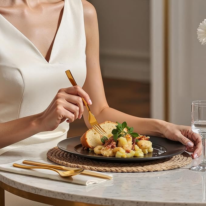 HIKAA Forged Silverware Set Stainless Steel Flatware Set,Service for 8,Matte Satin Polished Cutlery Set,Dishwasher Safe (Gold, 40PCS)