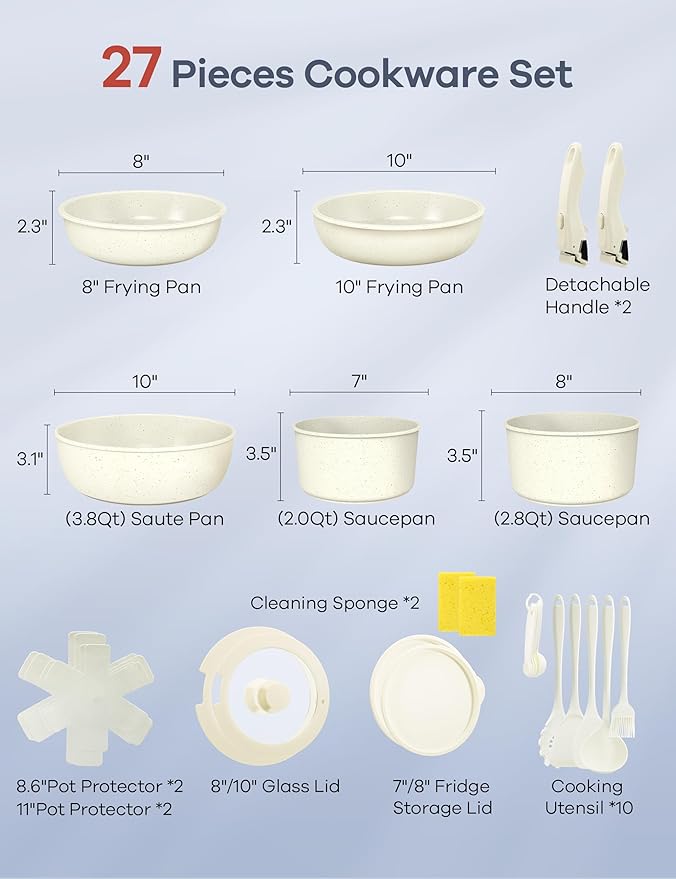 Ganiza 27pcs Nonstick Cookware Set, Pots and Pans Set Non Stick Detachable Handle, Non Toxic Cookware Sets Induction, Pots and Pans with Removable Handles, RV Cooking Set, Oven/Dishwasher Safe