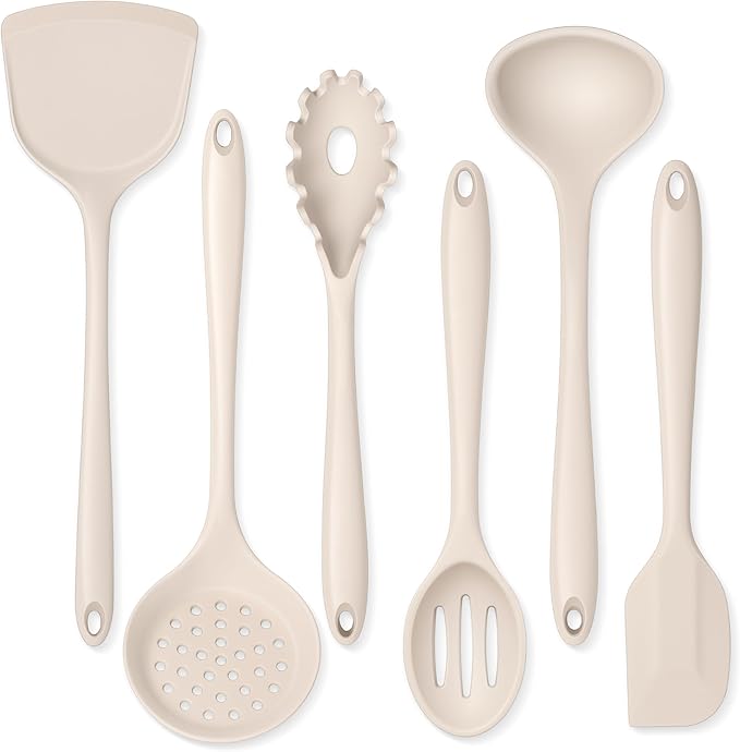 Kitchen Utensils Set, Onader Silicone Non Toxic Cooking Utensils, 6 Pcs Heat Resistant Kitchen Gadgets Set for Nonstick Cookware - Khaki