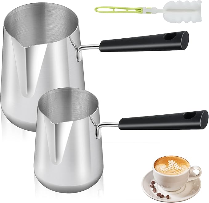 Set of 2 Milk Warmer Pot, 11.83 oz/30.43 oz Turkish Coffee Pot, Stainless Steel Butter Warmer with Pouring Spout, Butter Warmer Pot for Making Coffee, Butter, Milk and Chocolate