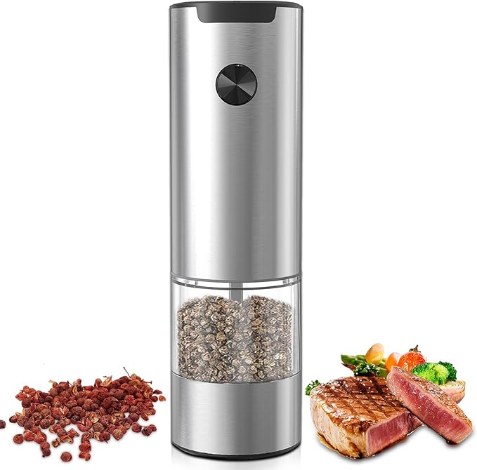 Electric Salt and Pepper Grinder, Stainless Steel Pepper Mill with Light, Adjustable Coarseness Salt & Pepper Mill Electronic Pepper Shaker Battery Operated One Handed Operation Grinder (Silver)