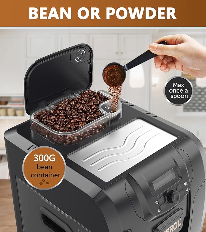 MEROL Fully Automatic Espresso Coffee Machine, 19 Bar Cafe Maker Built-in Adjustable Grinder and Manual Milk Frother Steam Wand, for Cappuccino Latte Macchiato, for Coffee Lover, ME-715, Black