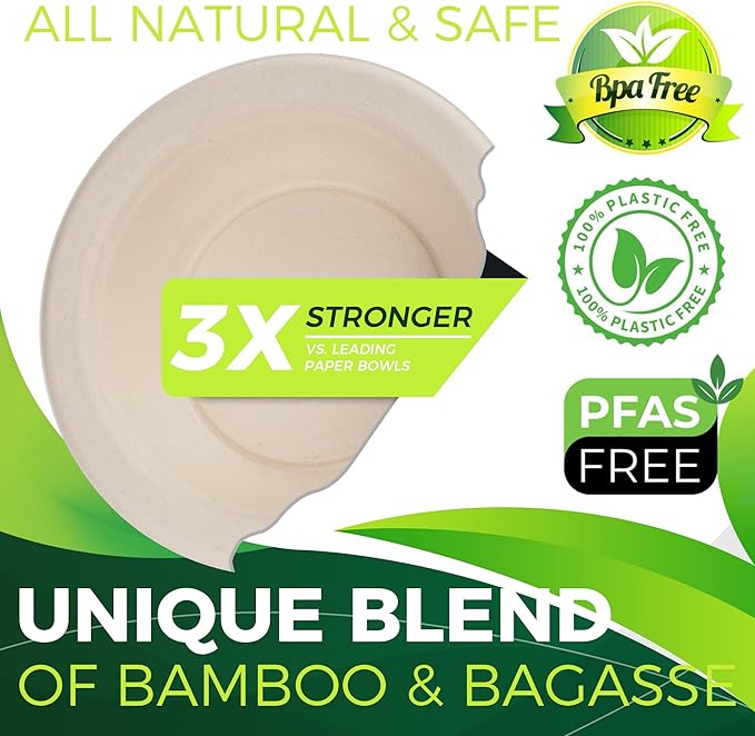 Paper Bowls 16 oz [150-Pack], Heavy Duty Disposable Bowls Perfect for Hot Soup and Milk Cereals, 100% Compostable and Eco-Friendly Made from Bagasse