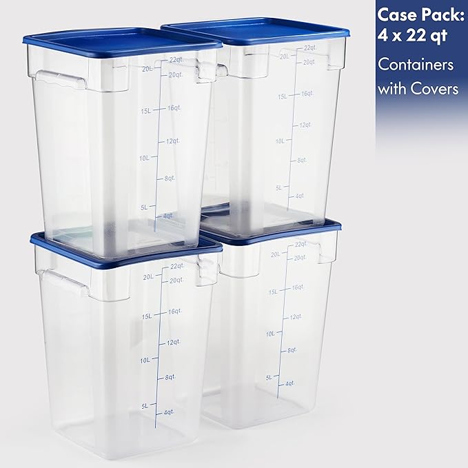 CURTA 4 Pack Food Storage Containers with Blue Lids - NSF Listed Commercial Grade in 22.0 Qt - Square, Clear, Polycarbonate