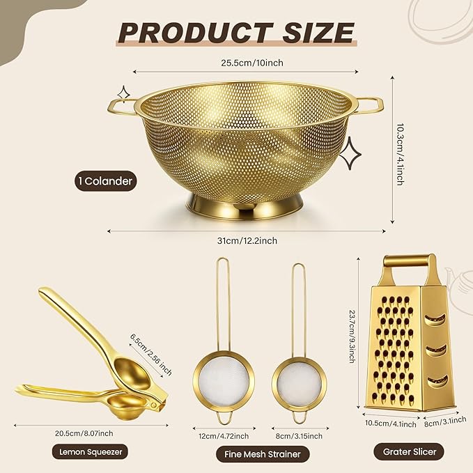 Sawysine 5 Pcs Gold Kitchen Appliances Includes 4 Quart Gold Colander and 2 Pcs Strainer Set, Lemon Squeezer, Stainless Steel 4 Sides Grater Slicer with Handle for Kitchen