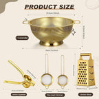 Sawysine 5 Pcs Gold Kitchen Appliances Includes 4 Quart Gold Colander and 2 Pcs Strainer Set, Lemon Squeezer, Stainless Steel 4 Sides Grater Slicer with Handle for Kitchen