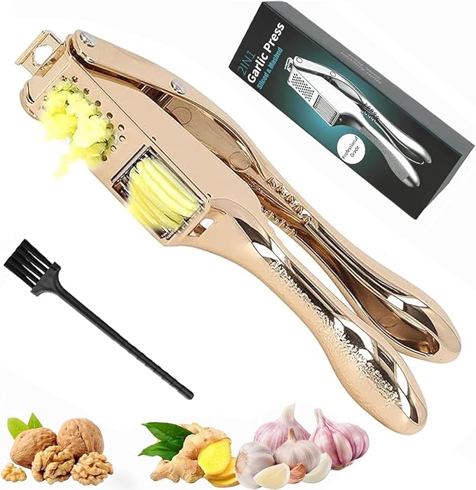 Garlic Press and Slicer 2 in 1, Rust Proof & Dishwasher Safe Professional Garlic Mincer Tool, Effortlessly Crush and Mince Garlic with this Ergonomic Handle-Garlic Slicer & Brush ANCQMI(Gold)