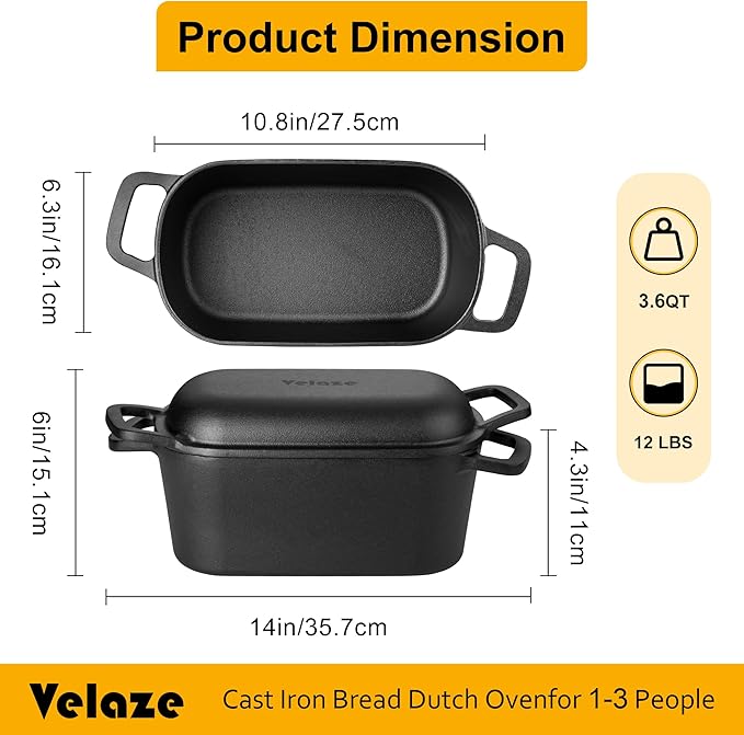Velaze 3.6QT Dutch Oven for Bread Baking,Oval Cast Iron Bread Oven Pan with Lid and Offset Handles,Oven Safe to 500°F for Homemade Sourdough Bread(Black)