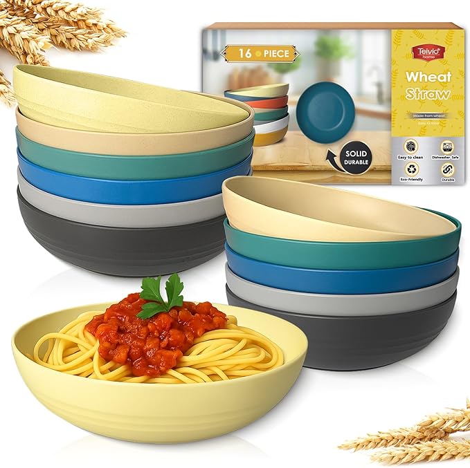 Teivio 8.4" Large Plastic Pasta Bowls Reusable, 45 oz Pasta Serving Bowl Set of 12, Kitchen Wheat Straw Serving Deep Plate Bowls for Salad, Cereal,Soup,Unbreakable Dishwasher Safe, Multicolor
