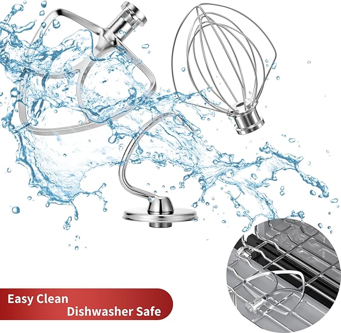 Stainless Steel Stand Mixer Attachments 3-Piece (4.5-5QT Flat Beater, 4.5-5QT Dough Hook, K45WW 6-Wire Whip Attachment) for KitchenAid Tilt-Head Stand Mixer and 4.5-5 Quart Bowl, Dishwasher Safe