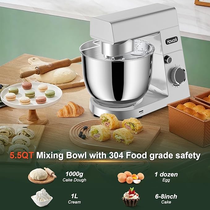 HOWORK Stand Mixer,10+p Speeds With 5.5QT Stainless Steel Bowl,Dough Hook, Wire Whip & Beater,for Most Home Cooks,Silver