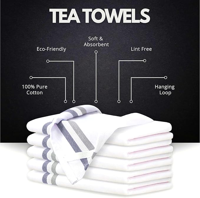 Premium Kitchen Towel (28”x20”, 6 Pack) 100% Cotton Dish Towels Cloths Large Hand Towels Tea Towels for Kitchen with Hanging Loop, Reusable Cleaning Cloths, Fast Dry Lint Free Linen | Gray Shades