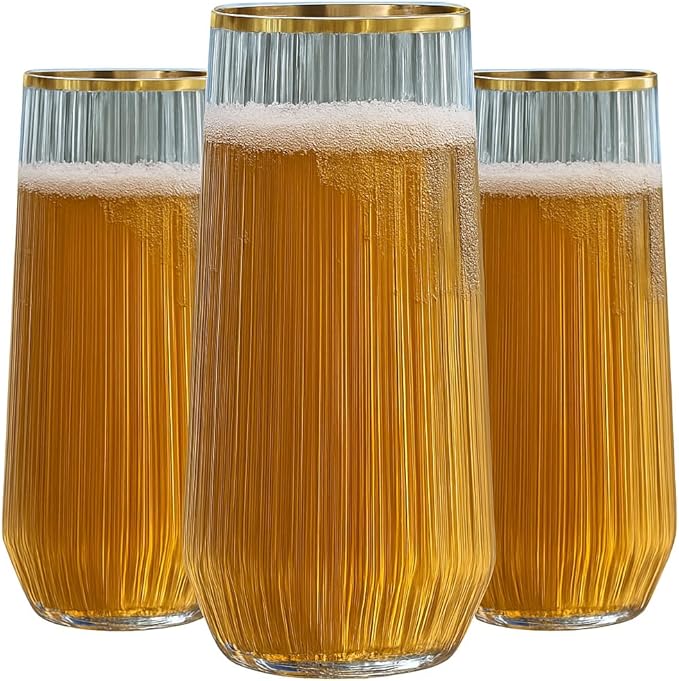 24 Pack Ribbed Ripple Stemless Toasting Glasses, Origami Durable 9 Oz BPA-Free Disposable Plastic Champagne Flutes for Weddings, Bars, Events, and Celebrations (Gold Rim)