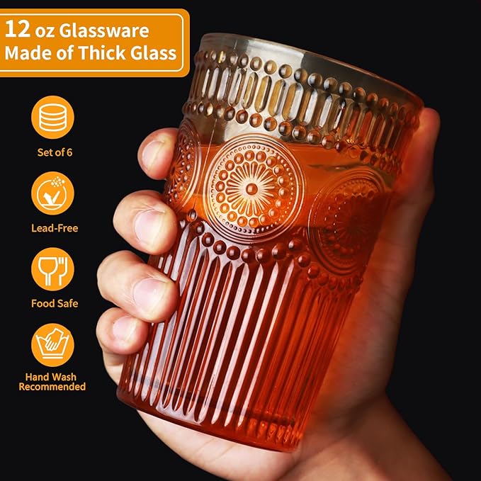 6pcs Vintage Drinking Glasses Set, 12 oz Amber Highball Glasses, Embossed Ribbed Glassware Cups for Thanksgiving Cocktail, Juice, Whiskey