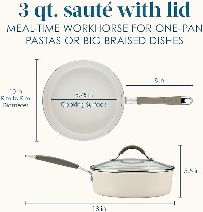 Rachael Ray Cucina Ceramic Nonstick Saute Pan with Lid, 3 Quart Non Stick Sauteuse Pan, Dishwasher Safe - Almond