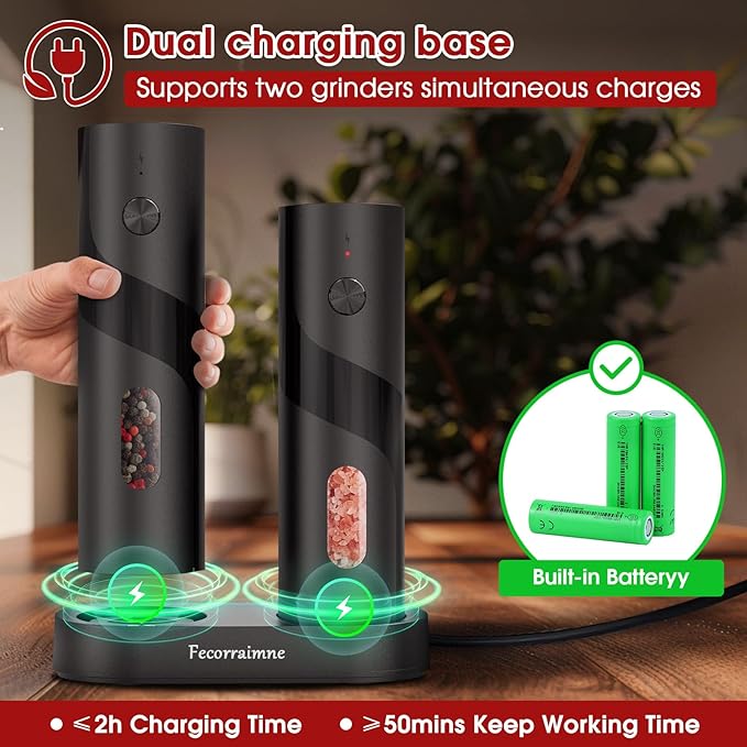 Electric Salt and Pepper Grinder Set,USB Rechargeable Automatic Grinder,Top-Refill Pepper Mill Grinder with Charging Base,Salt and Pepper Grinder with 110ml Large Capacity and LED,One-Hand Operation