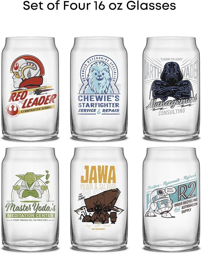 JoyJolt Star Wars Retro Vintage Collection 16.9oz Glass Tumblers - Featuring Darth Vader, R2D2, Yoda, Chewbacca, Red Leader, Jawa - Original Trilogy Drinkware, Set of 6 with Glass Straws