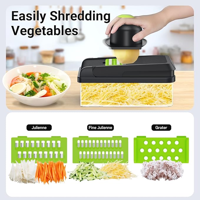 12-in-1 Vegetable Chopper, Kitchen Gadgets with 7 Blades, Veggie, Food, Onion Chopper, Cucumber Slicer, Versatile Mandoline, Includes Egg Separator & Finger Guard, Green