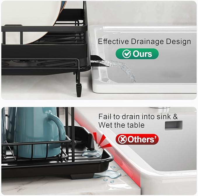 GSlife Large Expandable Dish Drying Rack - Dish Rack for Kitchen Counter with Metal Extension, Large Capacity(16.5" ~ 24.4" L) Dish Drainer with Pan Slots, Cup Holders, Black