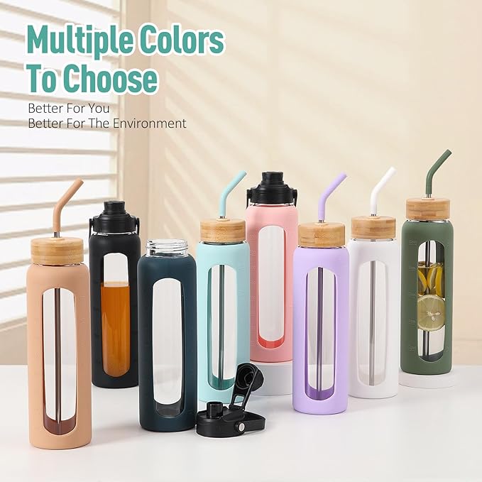Kodrine Water Bottle with Straw, 24 oz Glass water Bottle with 2 Lids Bamboo Straw Lid and Spout Lid with Handle, 32 oz Clear Water Bottle Glass for Sports Travel, Waterbottle with Time Marker
