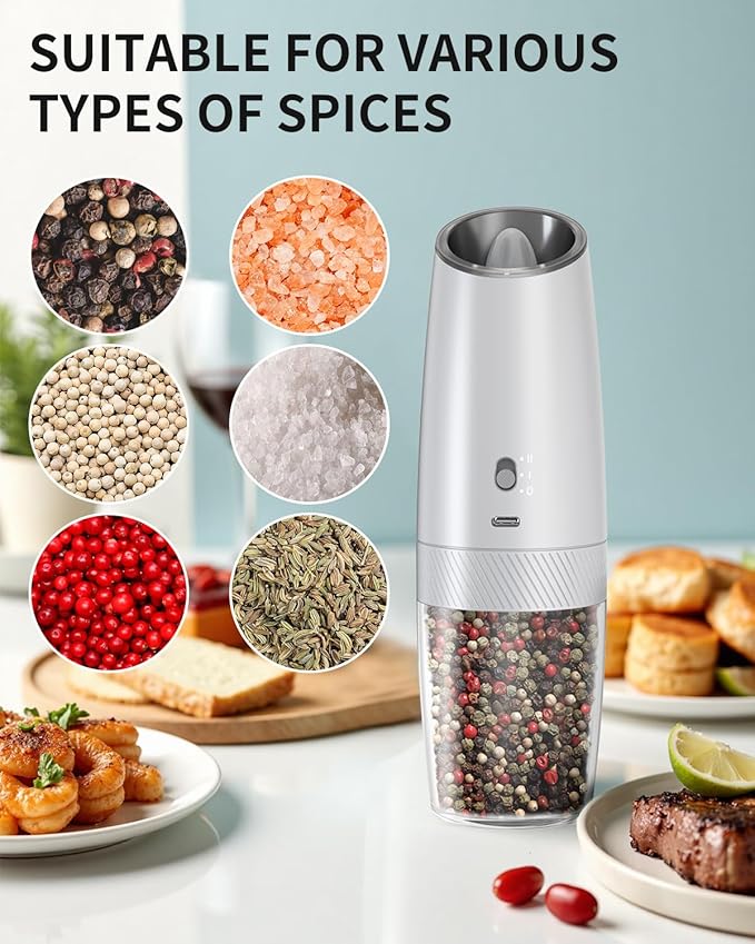 CIRCLE JOY Gravity Electric Salt and Pepper Grinder Set with 2-Speed, Rechargeable Salt and Pepper Grinder Set, Adjustable Coarseness, Whiet LED Light