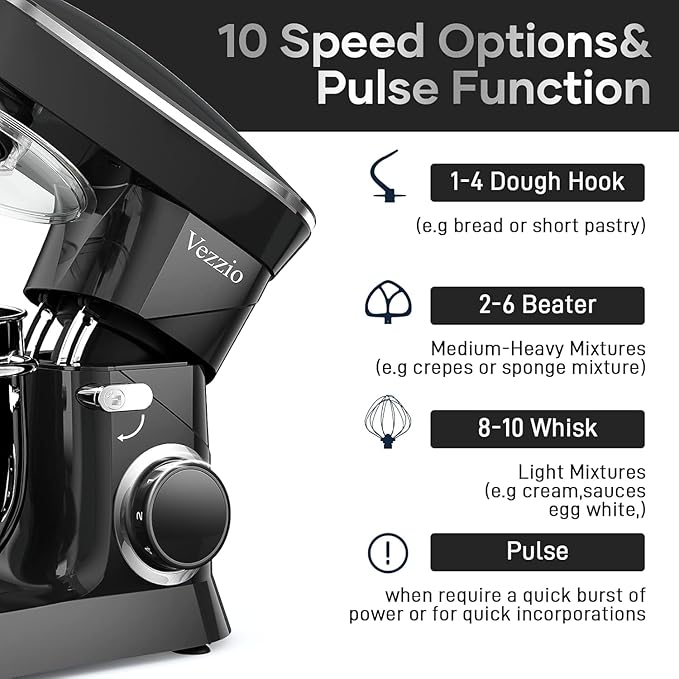 9.5 Qt Stand Mixer, 10-Speed Tilt-Head Food Mixer, Vezzio 660W Kitchen Electric Mixer with Stainless Steel Bowl, Dishwasher-Safe Attachments for Most Home Cooks(Black)