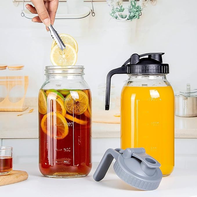 2 Pack 64 oz Glass Pitcher With Lid, Mason Jar Pitcher, Glass Sun Tea Jar for Ice Tea, 2 Quart Breast Milk Jug with Flip Cap Leak Proof, Cold Brew Coffee