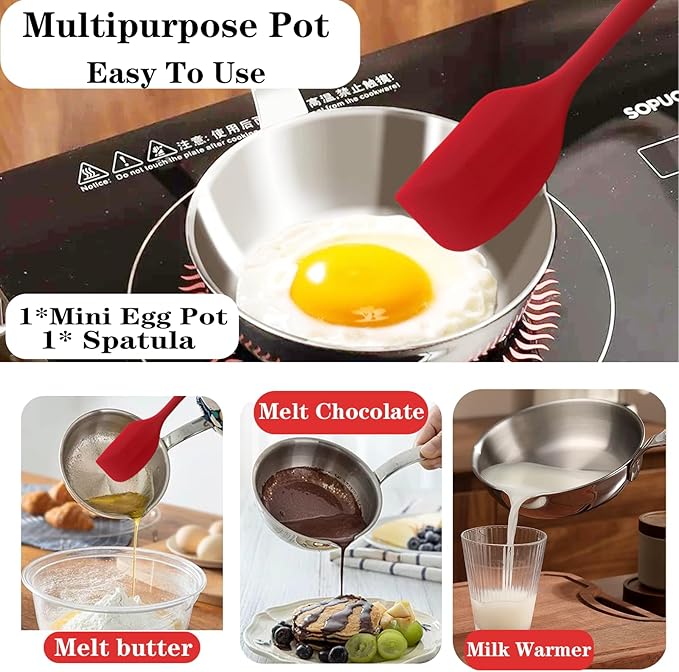 Mini Egg Pan, 304 Stainless Steel Omelet Pan, 5.1Inch Sauce Pan Mini Skillet for Egg Frying Pan, Butter Warmer Small Pot Cooking with 10.5" Scraper