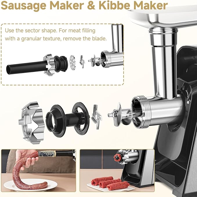 AAOBOSI Meat Grinder Electric, [3000W Max] Meat Grinder Heavy Duty with 2 Stainless Steel Blades & 4 Grinding Plates, Sausage Maker & Kibbe Kit for Home Kitchen Using