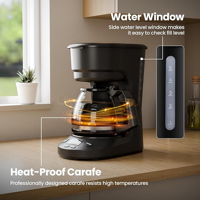 Kismile Compact Drip Coffee Maker, Anti-Drip System, Timer, Removable Funnel & Auto Shut-Off, Anti-Dry Protection, Perfect Small Coffee Machine for Home & Office (Black)