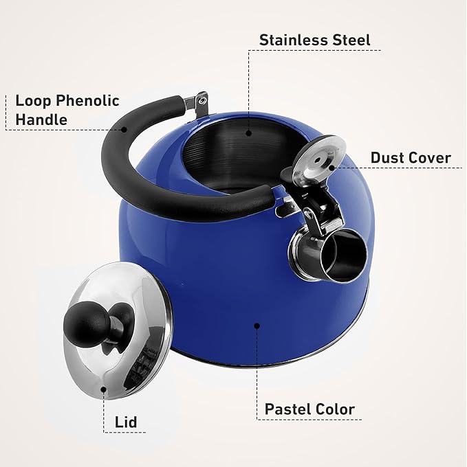 Lily's Home 2 Quart Stainless Steel Whistling Tea Kettle, the Perfect Stovetop Tea and Water Boilers for Your Home, Dorm, Condo or Apartment. (Blue)