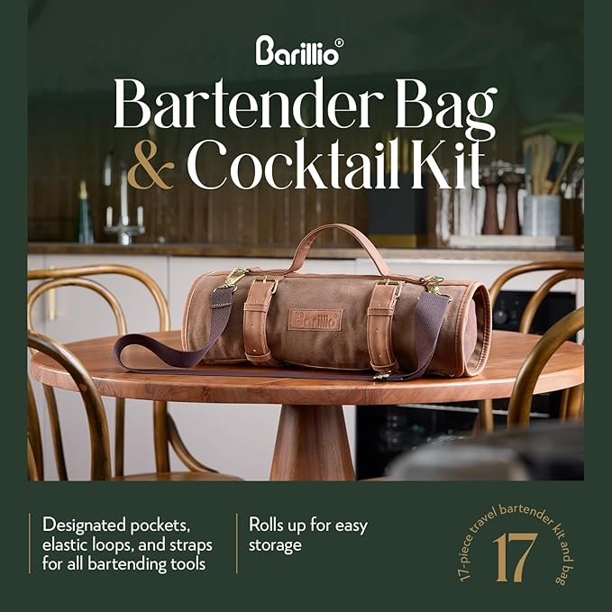 Barillio Bartender Kit Bag with Black Cocktail Shaker Set - Waxed Canvas, Traveling Bar Tools Bag with 17-Pc Cocktail Kit - Travel Mixology Bartending Kits - Mobile Bar Roll with Strap & Accessories