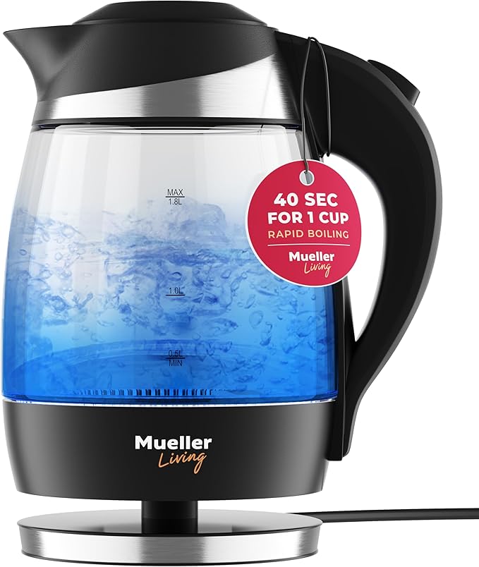 Mueller Living Electric Kettle, Electric Tea Kettle for Boiling Water, 1500W SpeedBoil with Automatic Shutoff, 1.8L Cordless with LED Light, Borosilicate Glass Tea Kettle Pot Water Heater, BPA Free