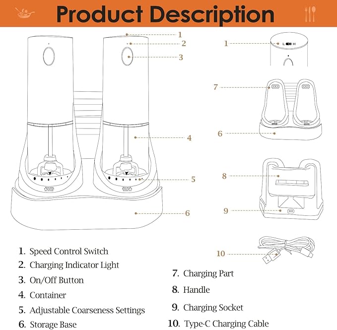 Upgraded Electric Salt and Pepper Grinder Set Automatic with Adjustable Grinding Speed and Externally Adjustable Coarseness, Rechargeable Pepper Grinder with USB Charging Base and LED Light