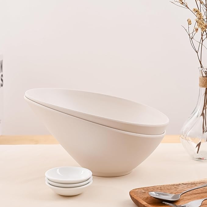 Bamboo Fiber Salad Bowls, 2 Packs Serving White, Compostable 33 Ounce Elegant White Angled Bowls for Salad, Pasta, Soup, Prep, Ideal for Home and Restaurant