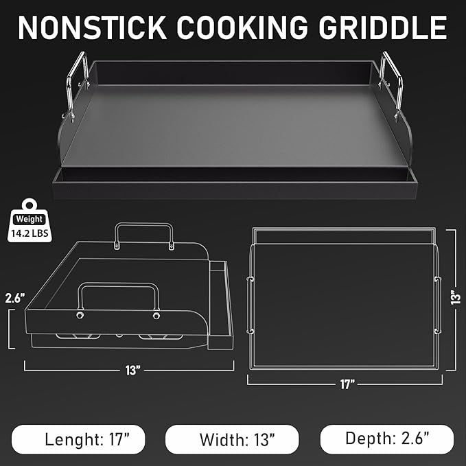 Utheer 17" x 13" Nonstick Coating Cooking Griddle for Gas Grill, Universal Griddle Flat Top Plate Insert with Grease Groove and Removable Handles for Charcoal/Gas Grills, Camping, Tailgating, Parties