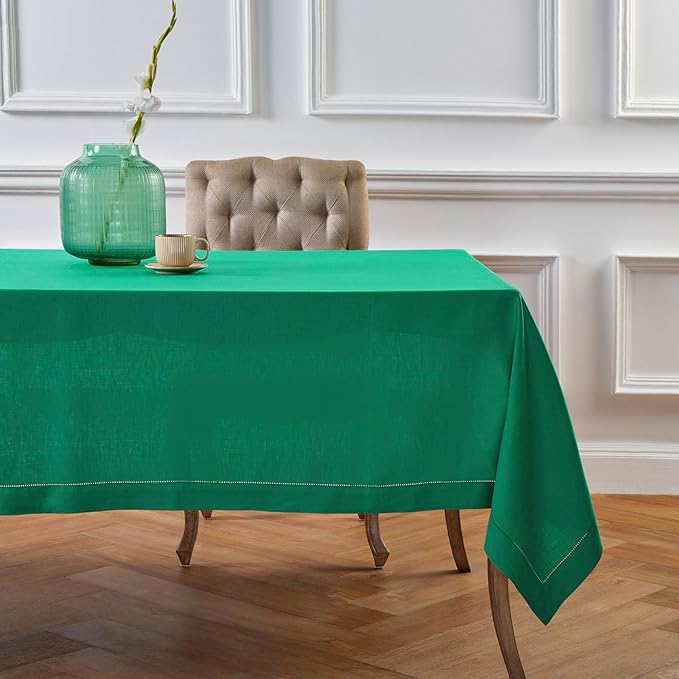 Solino Home Linen Tablecloth 60 x 120 Inch - Classic Hemstitch 100% Pure Linen Emerald Green Table Cloth for Rectangle Tables - Machine Washable Tablecloth