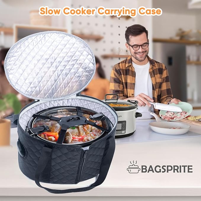 BAGSPRITE Slow Cooker Carrying Case Compatible with 6-8 Quart Crockpot Carrier for Hot Food and Hamlton Beach Slow Cooker Tote with Lid Fastener for Crock-pot Dust Cover Applicances