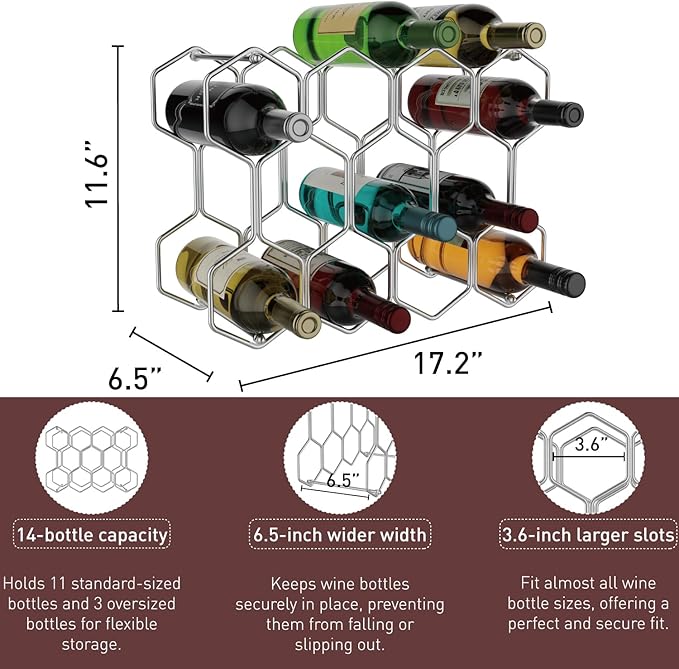 Buruis Countertop Wine Rack, 14-Bottle Modern Freestanding Metal Holder for Red and White Wine, Tabletop, Kitchen, Bar, and Cabinet Storage (Chrome)